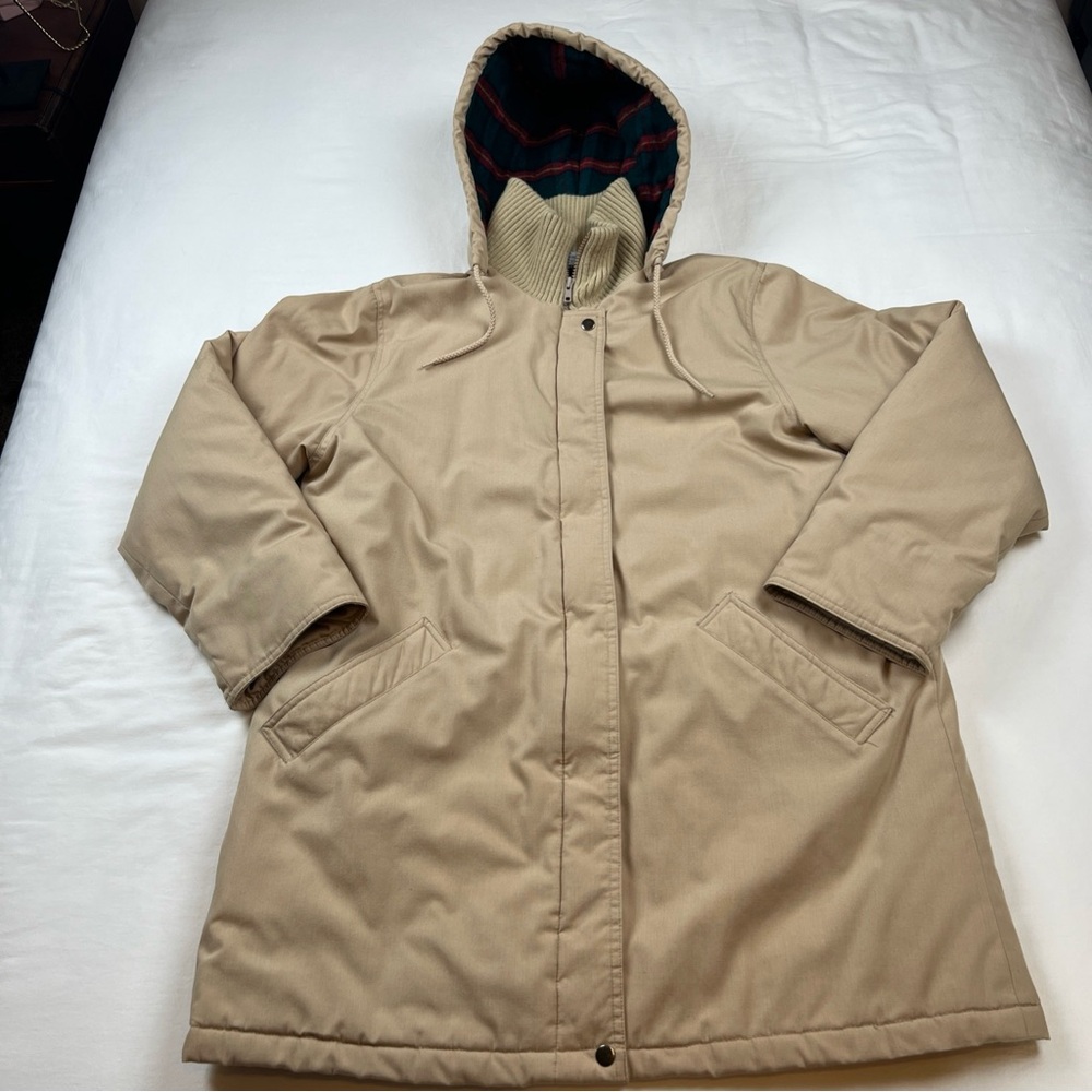 VTG Windsor Bay Hooded Jacket Tan Plaid Lined Removable Hood Zip Snap Coat